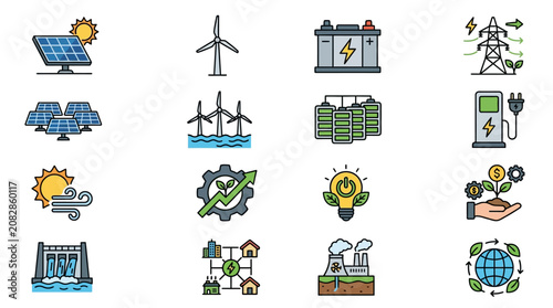 Dynamic Illustrated Icons Showcasing Renewable Energy Sources Sustainable Technology and Eco Friendly Concepts