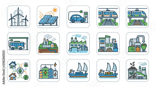 Creative Illustrated Icons Set Showcasing Sustainable Energy Transportation and Environmental Solutions