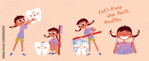 Dental care Children set with happy Girl, smiling Tooth characters, giant Toothbrush, Toothpaste and foam. Oral Hygiene Education, daily Health care. Flat vector illustration