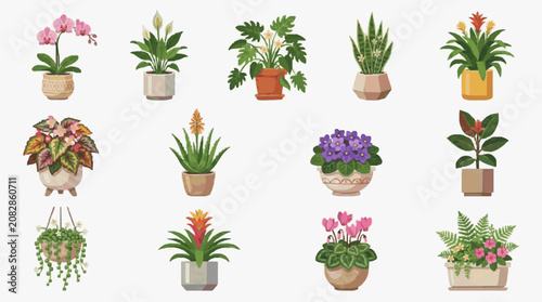Foto Elegant Collection of Colorful Potted Indoor Plants in Stylish Vases for Home De