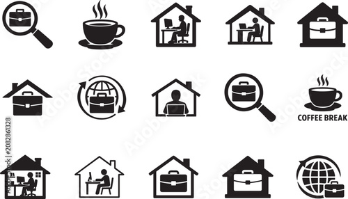 Foto Working from home solid vector icon set with remote office, laptop, video call and productivity symbols