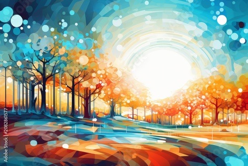 Abstract forest illustration displaying warm sun rays and rich autumn colors