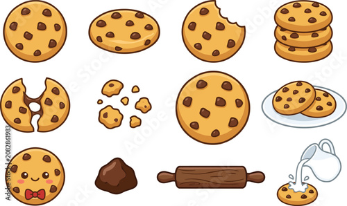 Photos Chocolate chip cookie vector collection featuring whole bitten broken stacked co