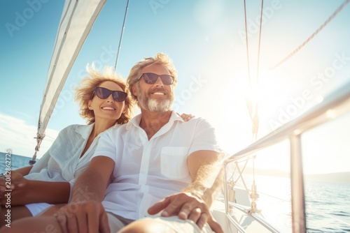 Mature couple relaxing on sailboat at sea enjoying their summer vacation