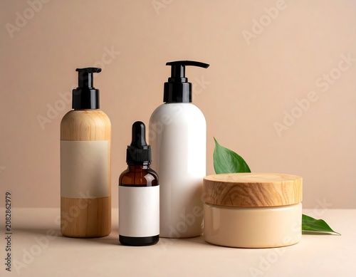Natural skincare products arrangement with leaves and copy space