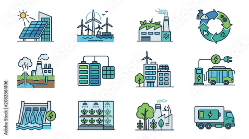Dynamic Illustrated Guide to Renewable Energy Sources and Sustainable Infrastructure Solutions with high quality professional line art symbols for modern creative design and digital branding projects
