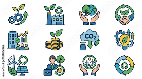 Creative Colorful Illustrated Icons Set Featuring Sustainable Development Green Energy Eco Friendly Business and Environmental Cooperation