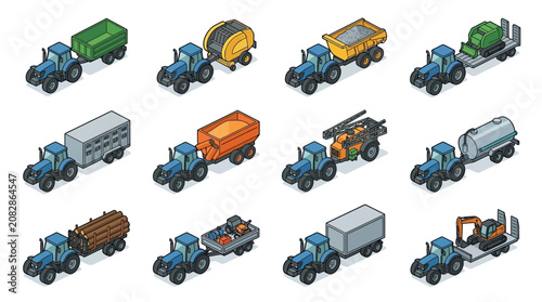 Dynamic Collection of Isometric Agricultural and Construction Tractor Implements with Colorful Attachments