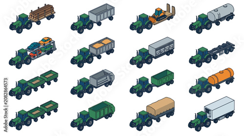 Sleek Collection of Green and Blue Tractor Trailers Hauling Diverse Cargo Logs Cars Machinery Containers and More