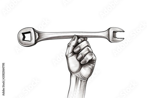 Human hand balancing a metal spanner wrench, representing repair and maintenance