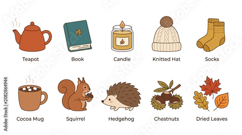 Photos A charming collection of hand-drawn autumn and cozy items including a teapot, book, candle, knitted hat, socks, cocoa mug, squirrel, hedgehog, chestnuts, and dried leaves