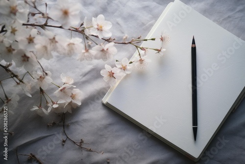 Cherry blossom branch lying on blank notebook with a pencil, conveying creativity and spring