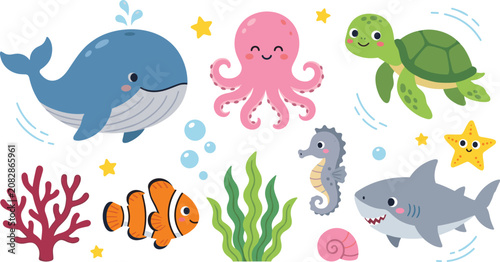 Photography Cute ocean animals vector collection featuring whale octopus turtle shark clownf