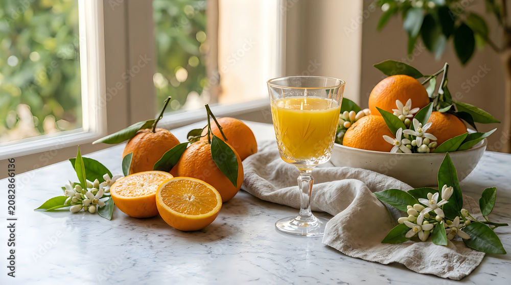 Fototapeta premium Crystal glass filled with fresh orange juice served next to ripe citrus fruits and fragrant white blossoms on marble table
