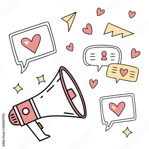Doodle megaphone with speech bubbles and hearts social media