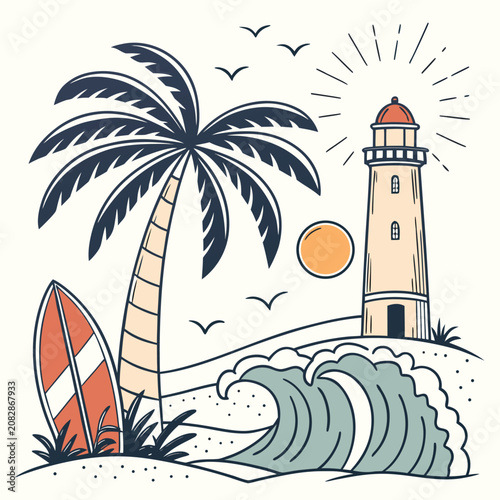 Lighthouse and palm tree on a tropical beach with surfboard