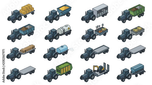 Elegant Collection of Isometric Construction Trucks with Various Loads and Equipment in Blue Grey and Green Tones