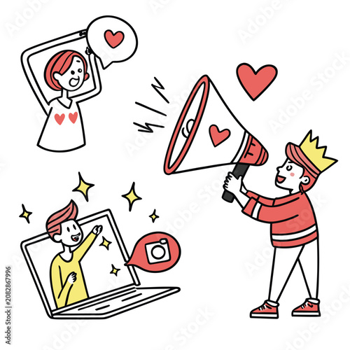 People using social media and megaphone illustration