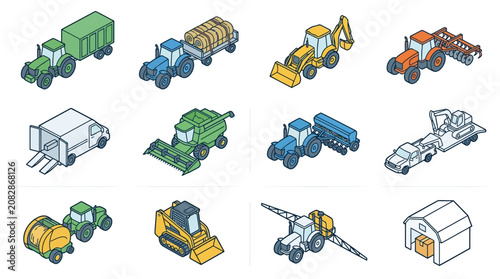 Professional Colorful of 12 Agricultural and Farming Machinery Vehicles for Visual Reference and Educational Use