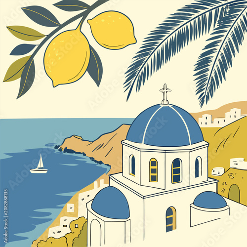 Greek island church with lemons and sea view illustration
