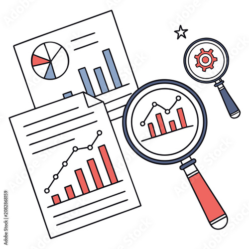 Magnifying glass examining business charts and financial data