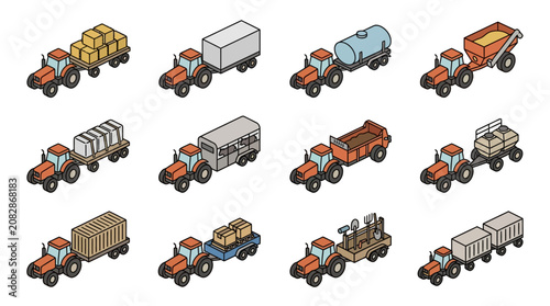 Dynamic Collection of Agricultural and Industrial Tractor Trailers with Various Loads in Isometric Style