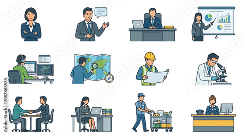 Modern Illustrated Icons of Diverse Professional Roles and Office Activities in Simple Line Art