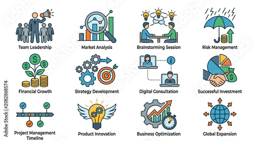 Clean Illustrated Guide to Key Business Strategies and Growth Concepts with Colorful Icons with high quality professional line art symbols for modern creative design and digital branding projects