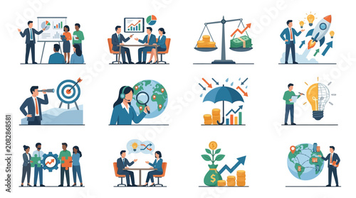 Professional Illustrated Guide to Key Business Investment Strategy and Financial Growth Concepts with Diverse Characters