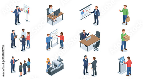 Elegant Isometric Illustrations of Modern Business and Corporate Interaction Scenes with Professionals