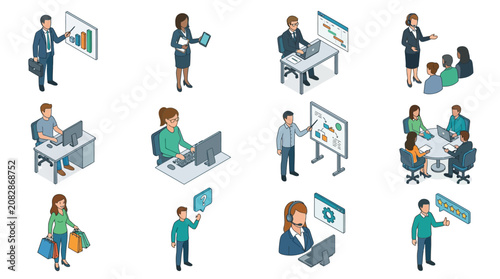 Minimalist Isometric Illustrations of Office Workers Engaged in Various Business and Tech Activities
