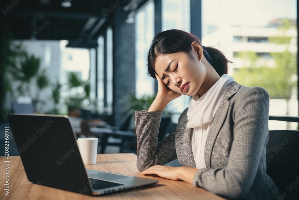 Fototapeta premium Young woman experiencing stress and exhaustion while working on a laptop in a modern office