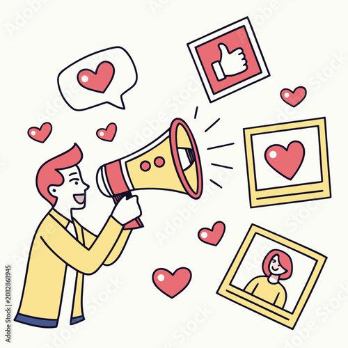 Man with megaphone spreading social media love and likes