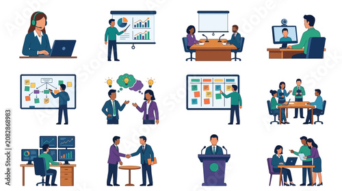 Creative Business Teamwork and Strategy Featuring Diverse Professional Scenes with Charts Meetings and Collaborations
