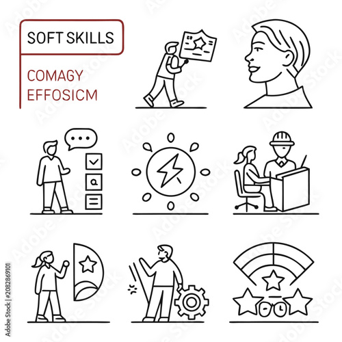 Set of human soft skills icons and business people illustrations