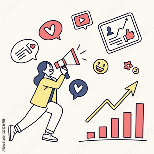 Woman using megaphone for social media marketing illustration