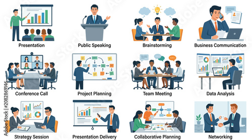 Industrial Showcasing Diverse Business Communication and Collaboration Scenes with Professional Characters