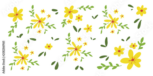Editable cartoon yellow flowers and leaves elements vector set for background