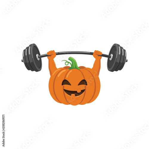 Strong pumpkin character lifting a heavy barbell, funny halloween fitness concept, athletic orange vegetable, gym workout isolated