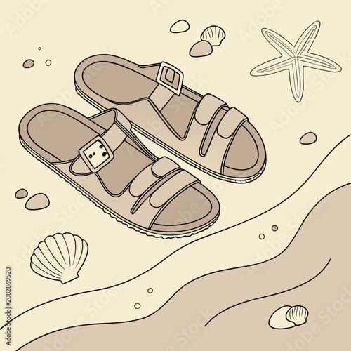 Pair of sandals on a sandy beach with shells and starfish