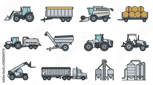 Clean of Agricultural and Farming Machinery Set with Tractors Harvesters and Storage Equipment with high quality professional line art symbols for modern creative design and digital branding projects