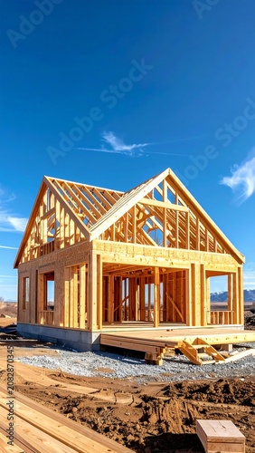 New house construction wood frame structure under blue sky