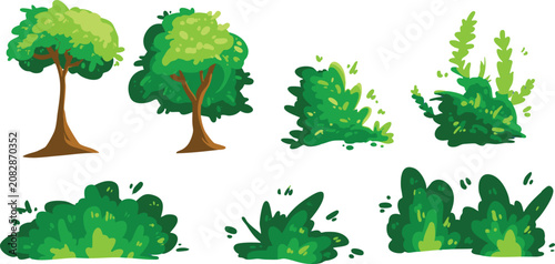 Editable cartoon tree and bush element vector set
