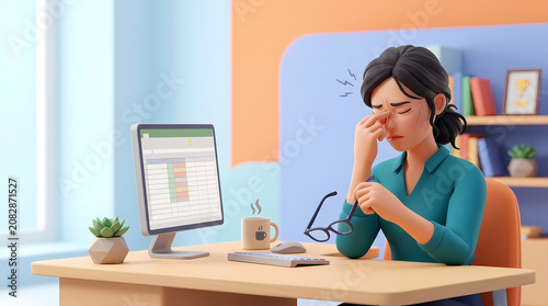 Stressed 3D character businesswoman at office desk feeling exhausted with a headache while working on spreadsheet data