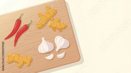 Fresh garlic, ginger, and red chili peppers on a wooden chopping board vector illustration for cooking and recipe themes