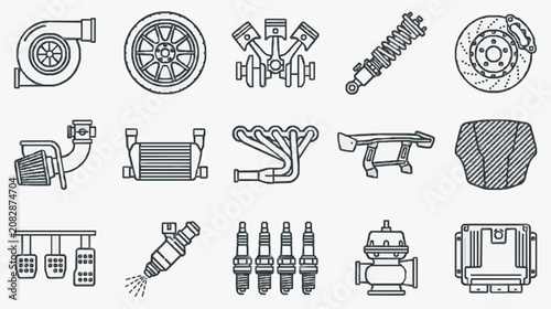 Bild auf Leinwand Clean Black and White Line Drawing Set of Various Car Engine Parts and Component