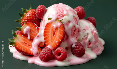 Sweet and cold strawberry ice cream dessert decorated with slices of edible strawberries