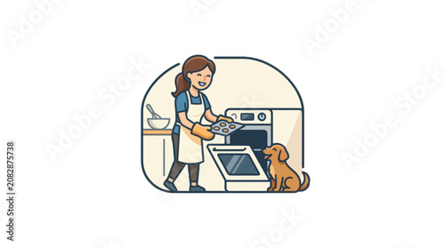 Φωτογραφία Woman putting food in oven with dog.