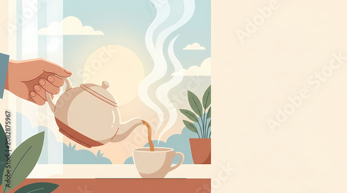 A Peaceful Morning Scene Featuring A Hand Pouring Fresh Hot Tea Into A Ceramic Cup By A Sunny Window With A Cozy Atmosphere