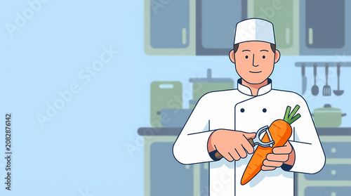Professional male chef in uniform peeling a carrot in the kitchen, clean flat vector illustration for culinary themes and cooking preparation